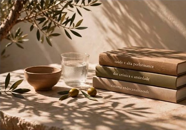 Composição editorial com livros, tigela de madeira, copo d'água e ramo de oliveira